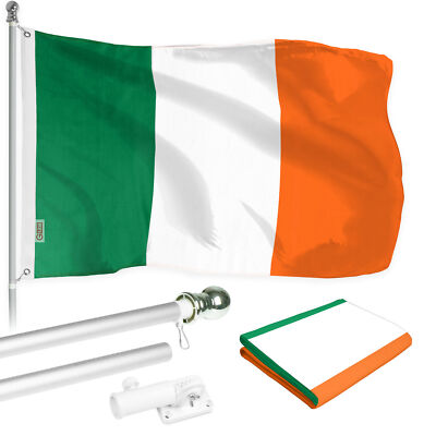 NEW G128 Ireland Flag & Flagpole Set, 6FT Silver Pole and 3x5FT Printed Flag