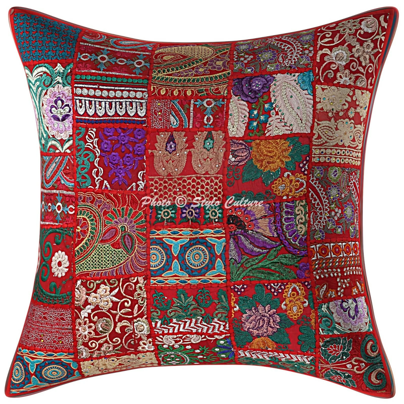 Traditional Cushion Cover Red 60 x 60 cm Patchwork Cotton 24 x 24 Throw Pillow