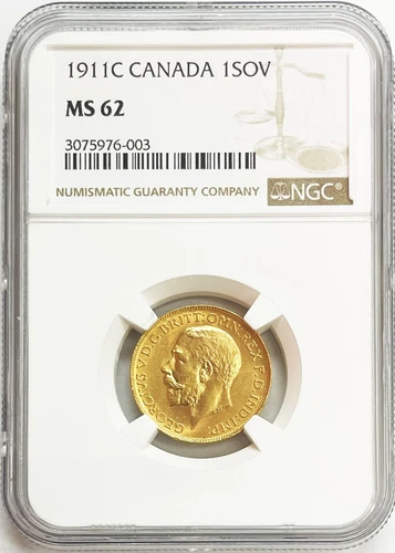 1911 C GOLD CANADA SOVEREIGN KING GEORGE V COIN NGC MINT STATE 62