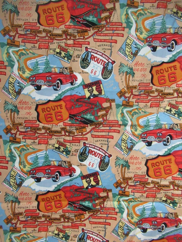 ROUTE 66 COLLAGE  USA ROAD  MAP  COTTON FABRIC VERY COLORFUL   SZ 1 1/2 YDSX41" - Image 2 of 4