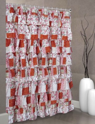 PATCHWORK Ruffle Fabric Shower Curtain  MULTI Color RED size 72 x72 inch