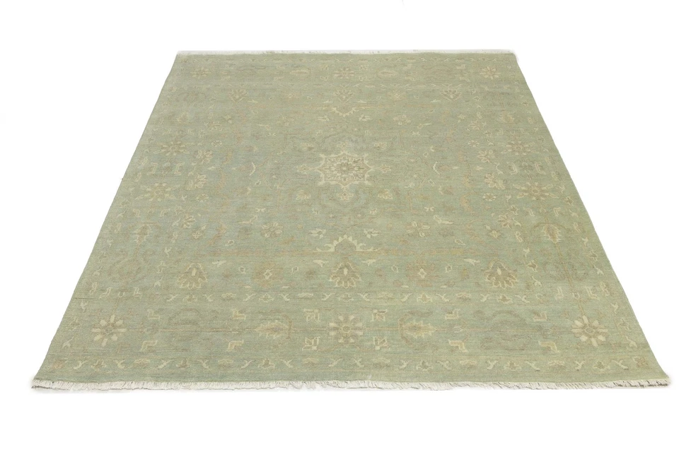 8x8 ft Handmade Floral Transitional Square Oriental Rug Muted Aqua Green Carpet - Image 3 of 4