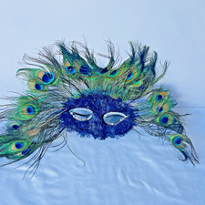 Peacock Feather Masquerade Face Mask Mardi Gras Venetian Handmade Black Costume