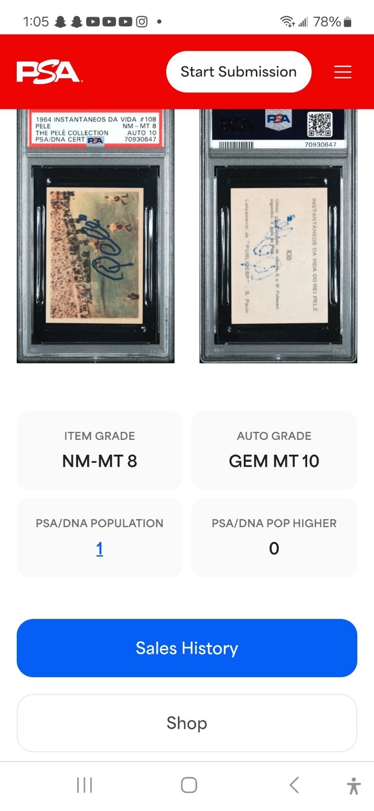 Pele Collection 1964 Instantaneos #108 SIGNED PSA 8 DNA  Auto 10  Pop 1/0 🇧🇷  view 5