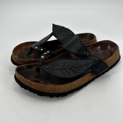 Betula by Birkenstock Black Leaf Studded Ostrich Embossed Cork Sandals Size 39/8