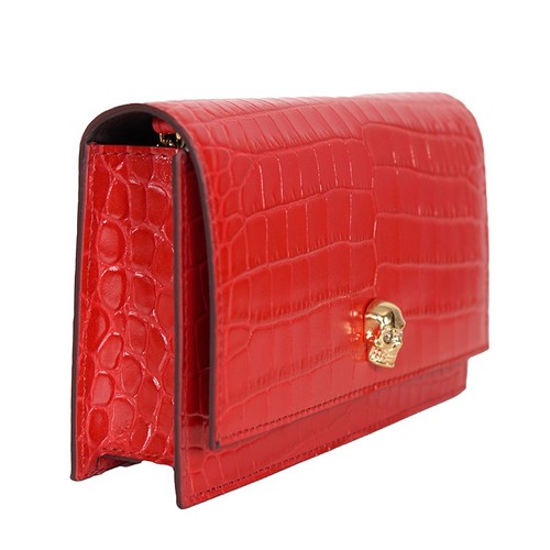 NEW $990 ALEXANDER MCQUEEN Deep Red CROC EMBOSSED Leather GOLD SKULL Chain BAG - Picture 7 of 20