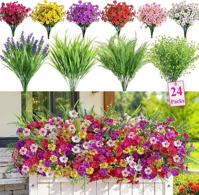 24 Bundles Artificial Flowers for Outdoors Spring Summer