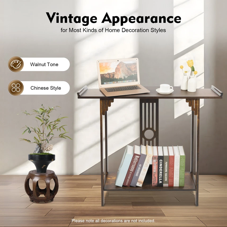 2-Layer Vintage Console Table Sofa Side Table Entryway Table Bamboo Shelf New - Image 3 of 4