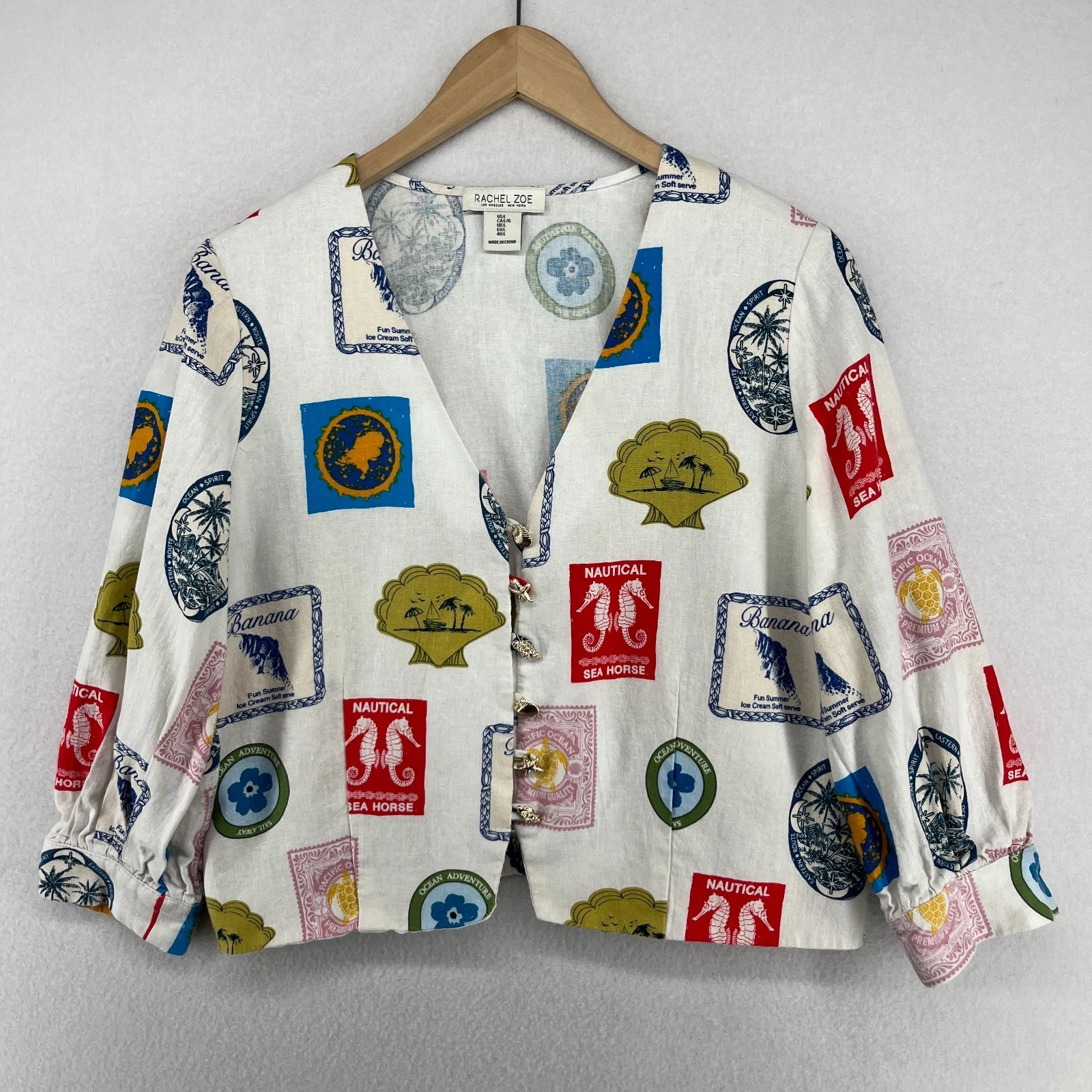 RACHEL ZOE Top L Seashell Buttons Stamp Print Front Blouse Linen Blend White
