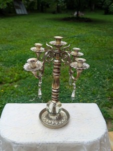 Vintage Ornate Candelabra 5 Candle Light Gold Silver w/ Crystals Flower Base