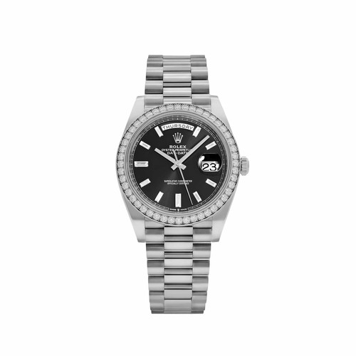 Rolex Day-Date 40 228349RBR White Gold Black Diamond Baguette Dial Diamond Bezel