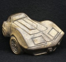 WC11144 AWESOME VINTAGE 1970s CUT-OUT CORVETTE ARTWORK BRASS BELT BUCKLE
