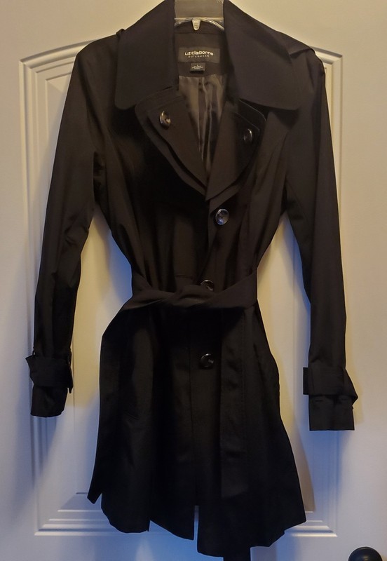 Liz Claiborne black poly belted trench coat sz. L