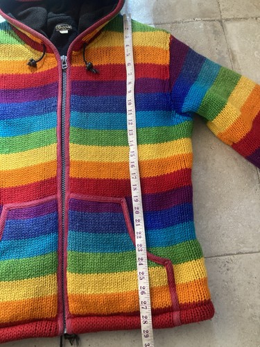 NEPALESE WOOL JACKET CARDIGAN HOODIE RAINBOW FESTIVAL UNISEX MEASUREMENTS ON PIC - Picture 10 of 11