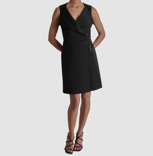 DKNY Women's Black Scuba Surplice Flyaway Collar Hardware Trim Dress Size 10 - 第 1/5 張圖片