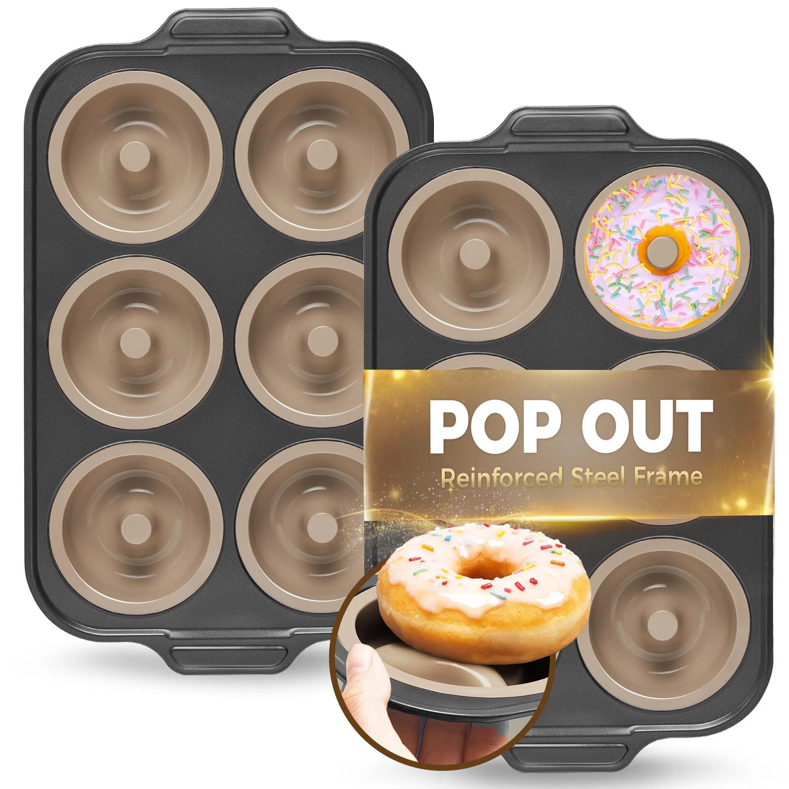 2 Pack Silicone Donut Pan For Baking with Metal Frame, 6 Cavity Nonstick Sili...