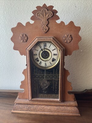 WORKS! Vintage Antique Wind Up Wood Kitchen Mantle Shelf Clock- E Ingraham Co
