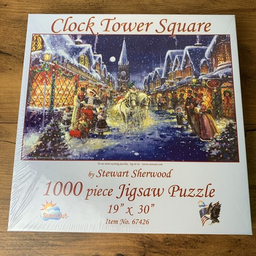 NEW Sunsout Clock Tower Square Winter Sherwood 1,000 pc Jigsaw Puzzle 19" x 30"