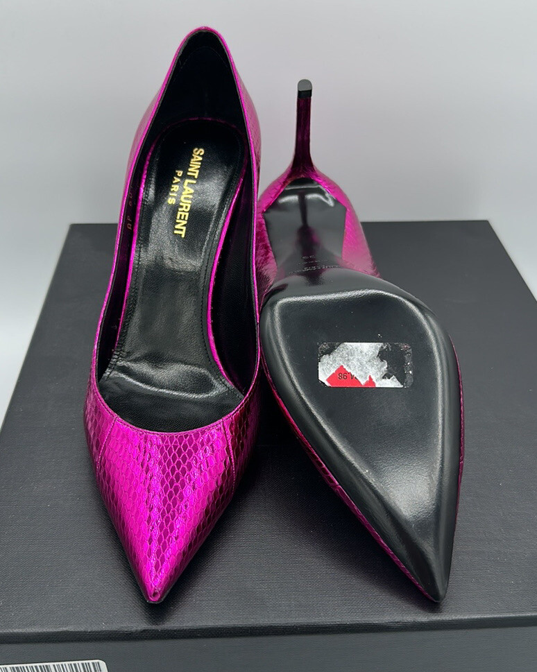 Décolleté Saint Laurent YSL Zoe 105 pelle di serpente metallizzata tacco viola taglia 39 EU 9 US