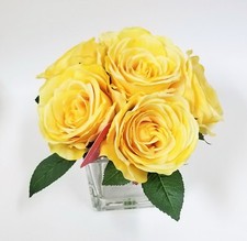 NEW 6 ARTIFICIAL YELLOW ROSE SILK FLOWERS-REAL TO TOUCH+CRYSTAL GLASS VASE
