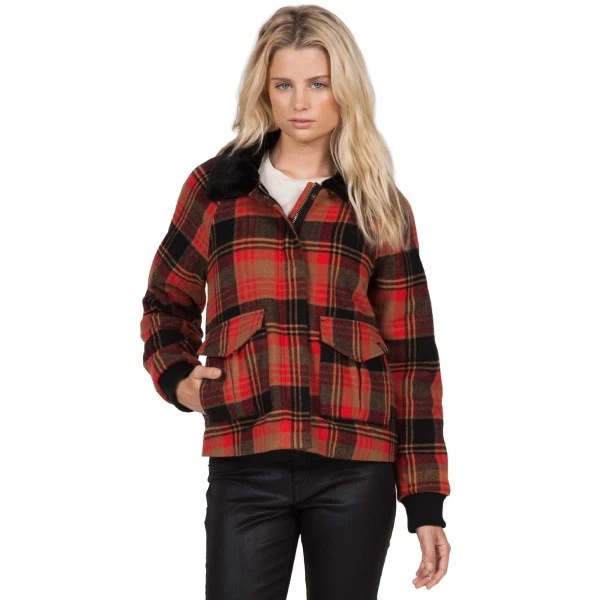 NWT WOMENS VOLCOM CHICKITY CHECK IT JACKET $135 S bear brown red black - Image 3 of 3