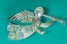 Vintage Christmas Angel Brooch Pin Silver Tone AB Costume Jewelry Guardian 