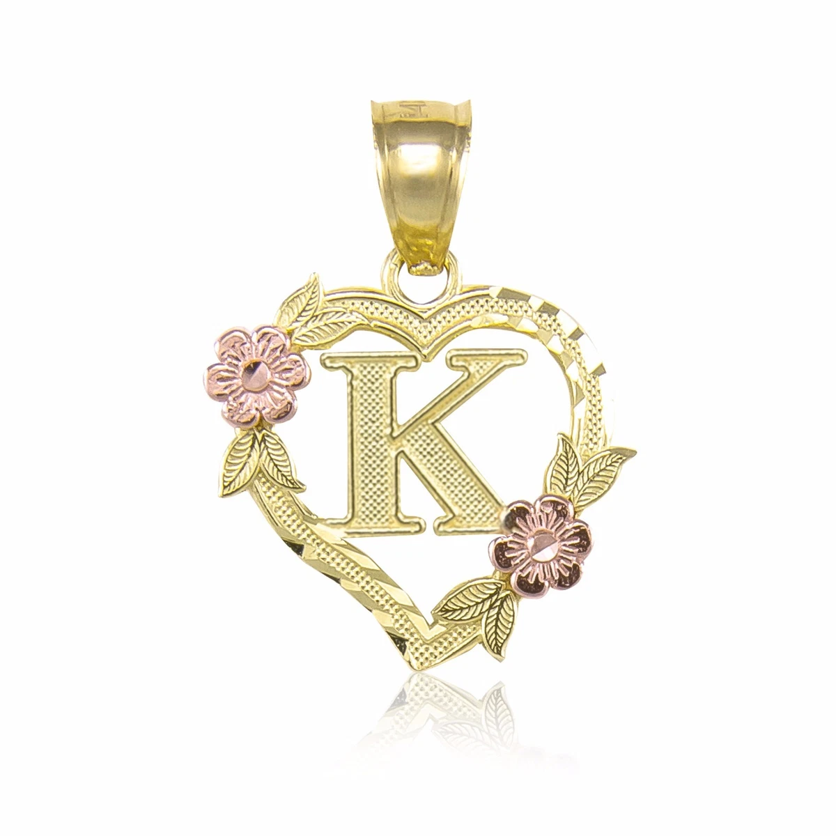 10K Yellow Gold Heart Initial Letter Pendant A Z Alphabet Flower Necklace Charm