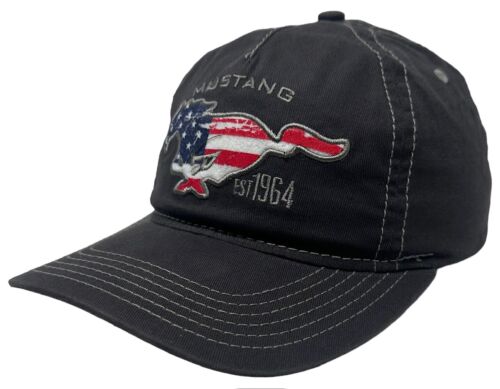 Ford Mustang Men's Embroidered USA Flag Snapback Hat Cap in Black Vintage Wash - Picture 1 of 6