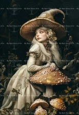 MUSHROOM WITCH ART PRINT , Witchy Gothic Poster, Fantasy Pagan Decor D772