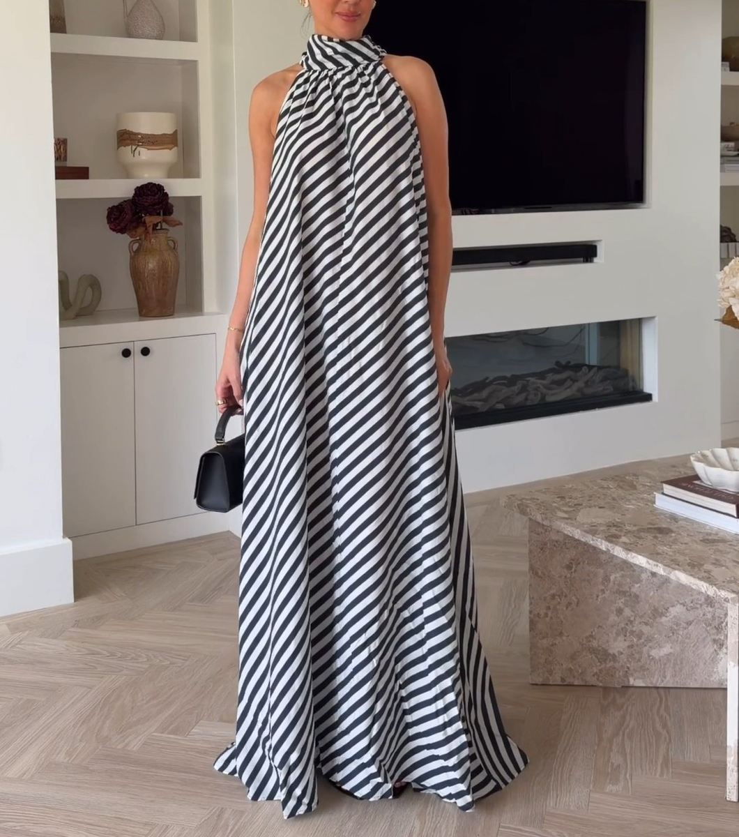 black and white striped a line dress NWT H&M Tie-Detail A-Line Maxi Blue/White Stripe 1337754001 S,M,L,XL,XXL Round neck Silhouette Size:Custom order Black Velvet Dress, Long Red Prom Dress