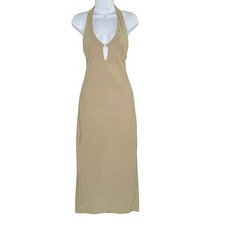 Zara Tan Backless Halter Dress XS Cut Detail Sleeveless Bodycon Neutral *flaw