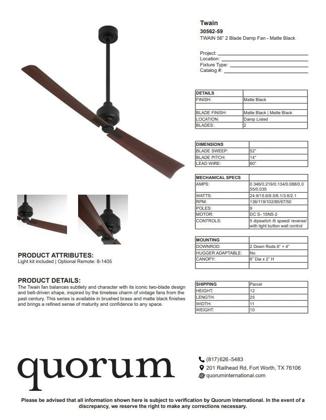 TWAIN 56" 2-Blade Damp Location Ceiling Fan MATTE BLACK NEW Quorum 30562-59 - Image 4 of 4