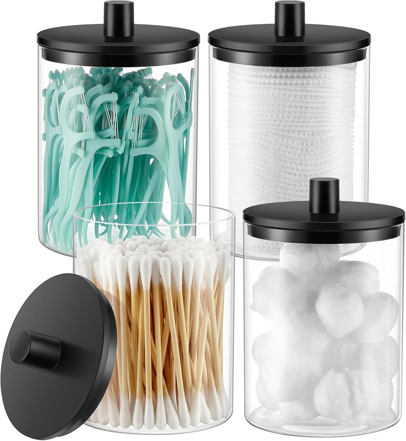 TIPGO Glass Qtip Holder Dispenser - 10 Oz Clear Canister Apothecary Jar, Bathroo