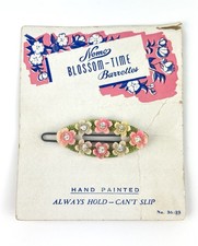 Vtg 1940-50's Nemo Blossom-Time Hand Painted Barrette CZ FLowers Orig Card NOS