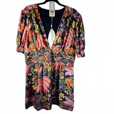 NWT FARM RIO  XL Spring Banana Floral Mini Dress Pleated V-Neck Black Boho