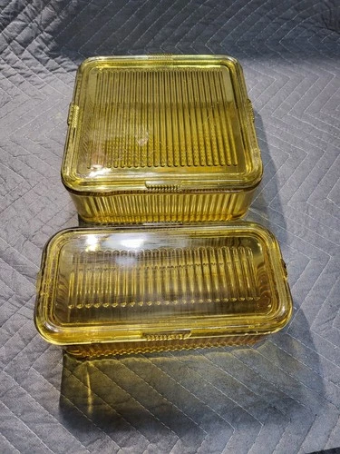 Federal Amber Glass Ribbed Refrigerator Dish's W/ Matching Lids Vintage