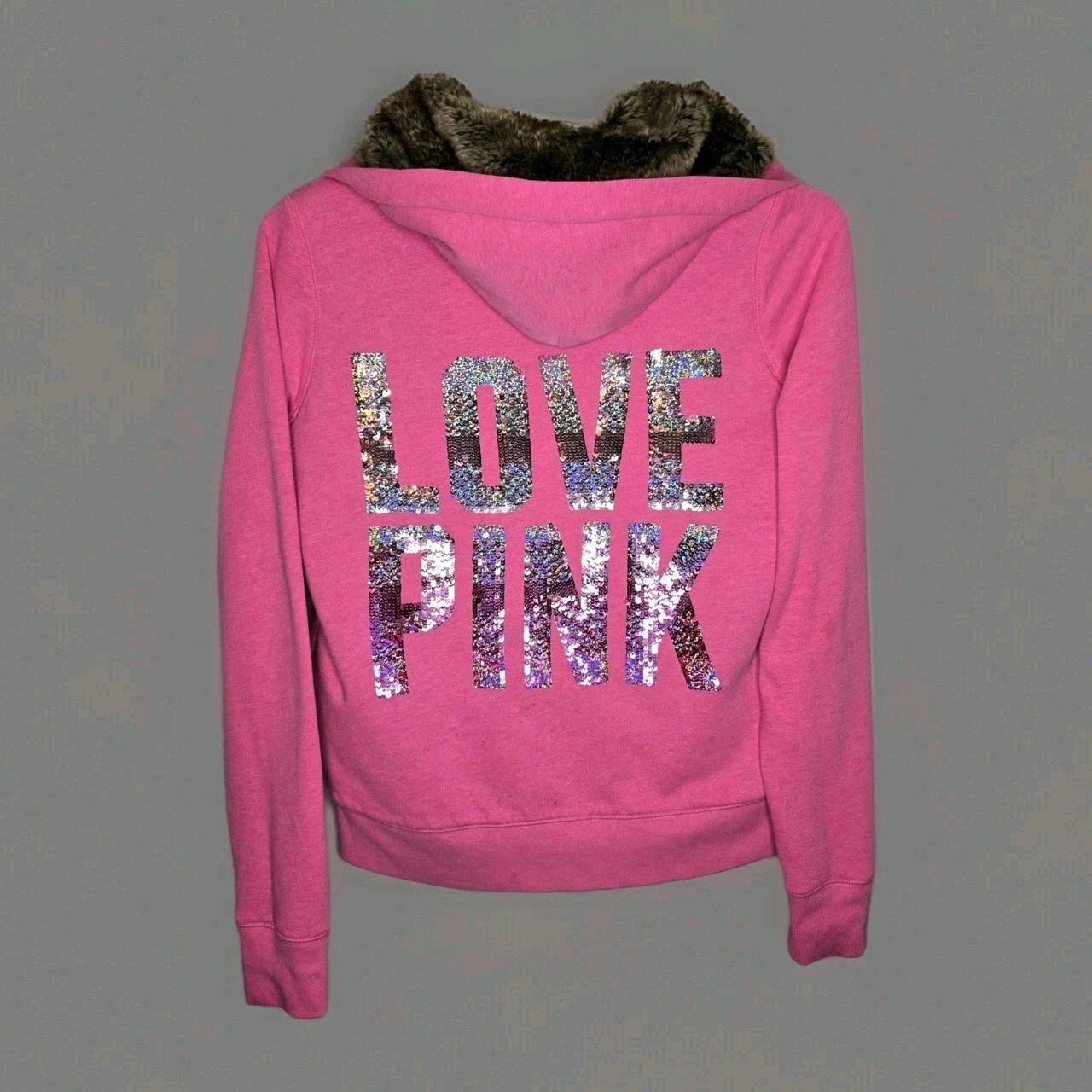 UNDERCOVER Giacca con cappuccio Victoria’s Secret "LOVE PINK" paillettes completamente foderata pelliccia sintetica Y2K taglia S