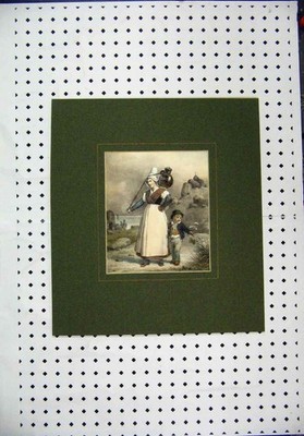 Original alter antiker Druck handkoloriert um 1850 Frau Wasserträger Junge Junge