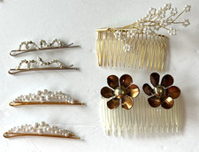 Vintage Hair Clip Comb Barette Pin Faux Pearls Gold Tone Bridal Metal Flower LOT