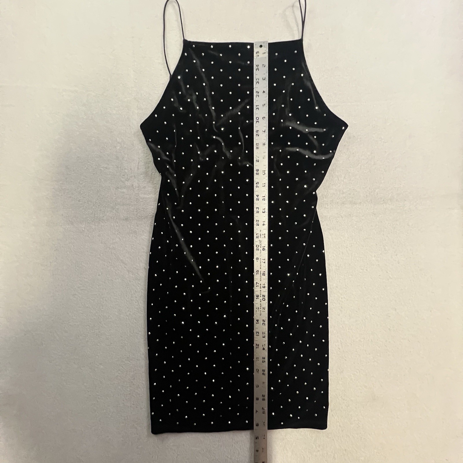 H&M Black Velvet Dress Sleeveless Rhinestone Mini Spaghetti Strap Large NWT thumbnail 6