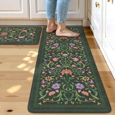 Kitchen Mats for Floor, Cushioned anti Fatigue Mat Green Floral Rugs 2 Piece Non