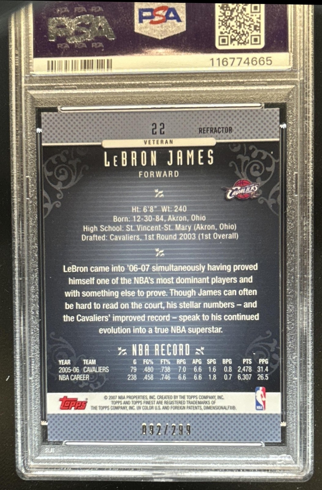 2006-07 Topps Finest LeBron James Refractor Blue #/299 Cavaliers PSA 9 view 2