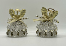Pair of Handmade Beaded Safety Pin ANGEL Ornaments Clear Gold Vintage 3.5 in