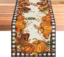 Buffalo Plaid Orange Pumpkin Maple Leaves 13x72 in Fall Table Runner Farmhouse