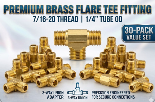 Brass Flare Tee Fitting 1/4" Tube OD 7/16-20 Thread 3 Way Union Adapter 30-Pack