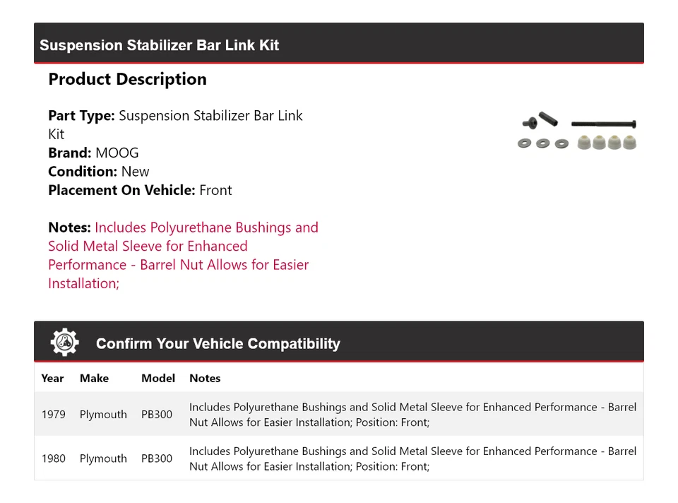 Kit de eslabones de barra estabilizadora de suspensión delantera MOOG para Plymouth PB300 1979-1980 Foto 2 de 4