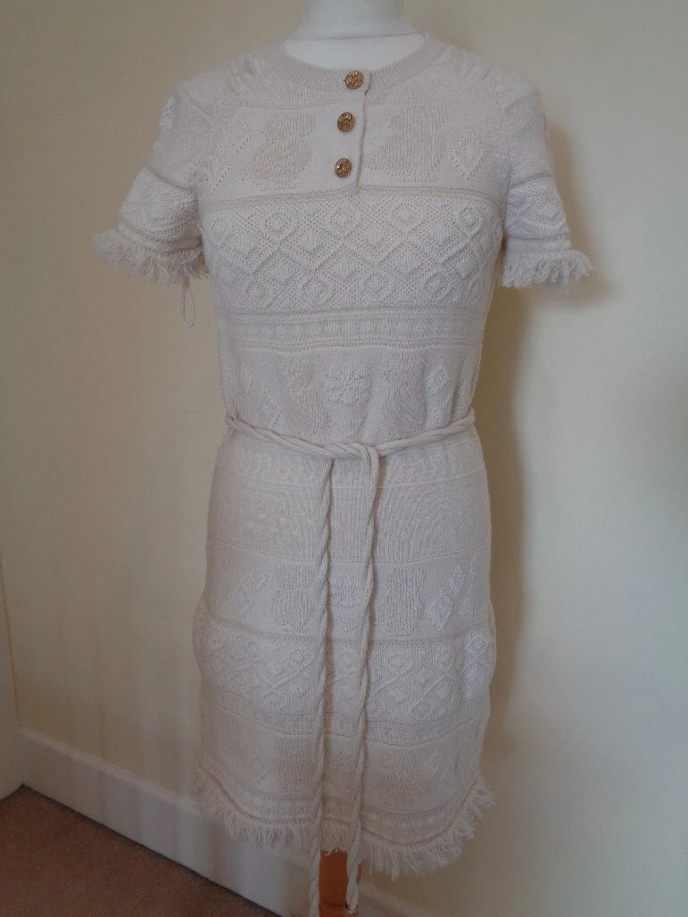 ABITO CHANEL PANNA LAVORATO A MAGLIA IN CASHMERE MANICA CORTA CON CINTURA BOTTONI 6