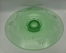 Vintage Green Depression Glass Centerpiece Platter, Pedestal Etched Leaf Pattern