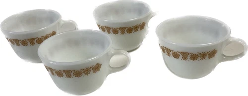 Pyrex Butterfly Gold Cups Corning USA Milk Glass Coffee Mugs Vintage Lot Of 4