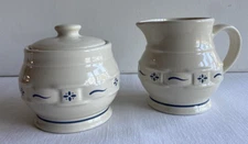 Longaberger Pottery Classic Blue 3pc Set Sugar Bowl Lid Creamer Ivory Ceramic US